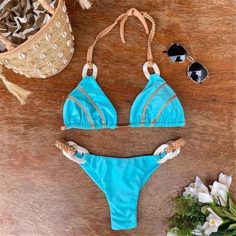 Rouge! Turquoise Bikini with Tan Rope Accents